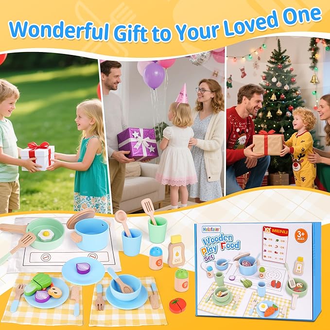 Wooden Play Food Kids Cooking Sets, Play Kitchen Accessories Pretend Play Toys for Toddlers, Kids Kitchen Playset Including Play Dishes, Pot and Pan, Utensils, Gift for Girls Boys 3 4 5 Years Old