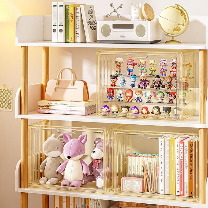Clear Yellow Acrylic Figure Display Case for Collectibles 4 Layer Hobby Figurine Display Shelf Cases Stackable Display Boxes with Shelves for Pop Mart, Action Figures, Model, 2 Pack