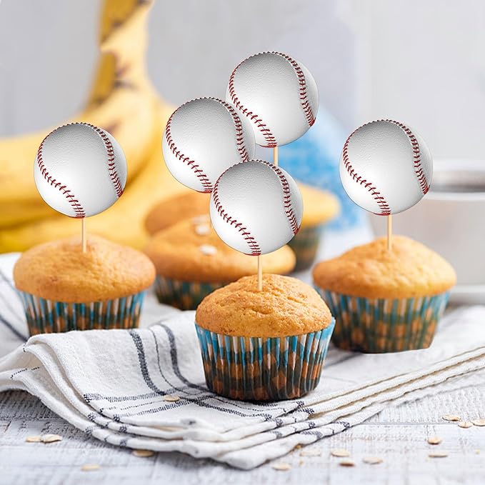 Ercadio 24 Pack Double Sided Base Ball Cupcake Toppers Sports Base Ball Cupcake Picks Base Ball Birthday Cake Decorations Baby Shower Base Ball Sports Theme Party Cake Decoration