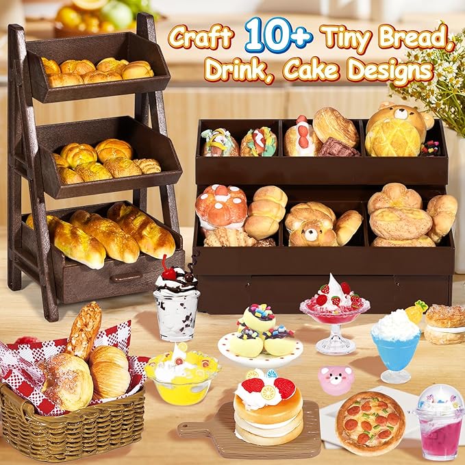 Crelloci Mini Bake Shop DIY Craft Kit, Resin Clay Café Play Set with Counter & Display Rack, Paints, Cream Glue & Molds, Realistic Pretend Bread, Cakes & Drinks, Creative Mini Food Toy for Kids 6+