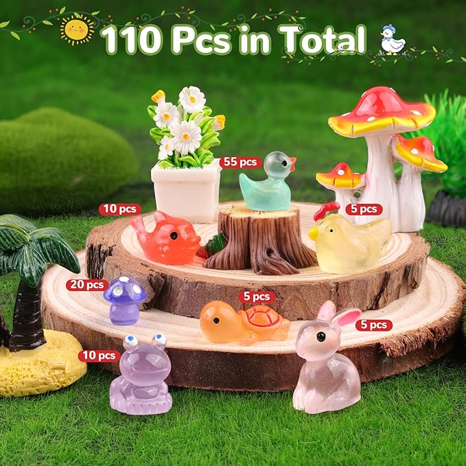 110PCS Mini Resin Animals Tiny Cute Glow Figures in Dark, Miniature Figurine to Hide, Little Animal Small Accessories for Topper Desk Garden Dollhouse Landscape Aquarium Ornaments Crafts & Decor