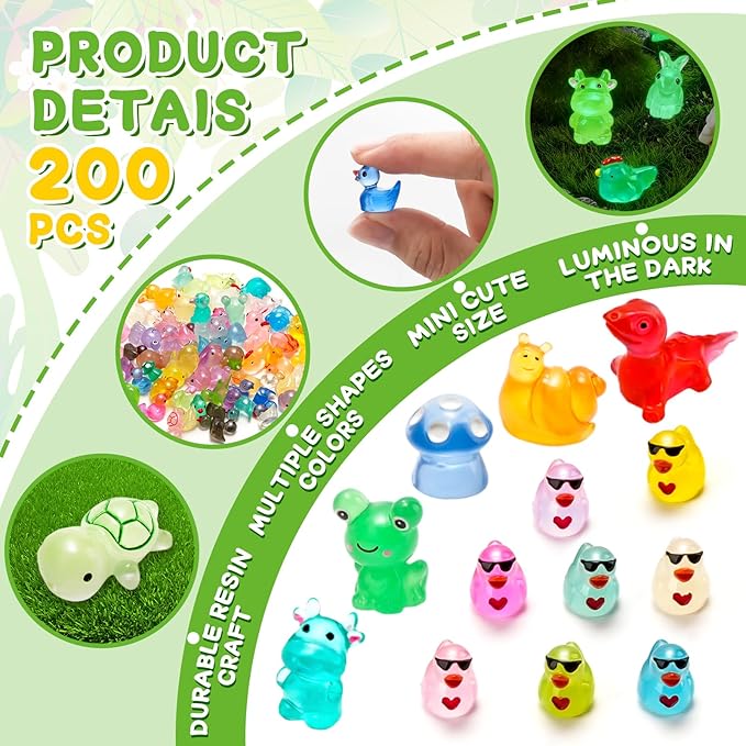 200 Pcs Luminous Mini Resin Animals 12 Styles Glow in The Dark Tiny Ducks Rabbits Frogs Mushrooms Figurines to Hide Small Miniature Figures for Garden Fairy Decor Dollhouse Aquarium DIY Crafts