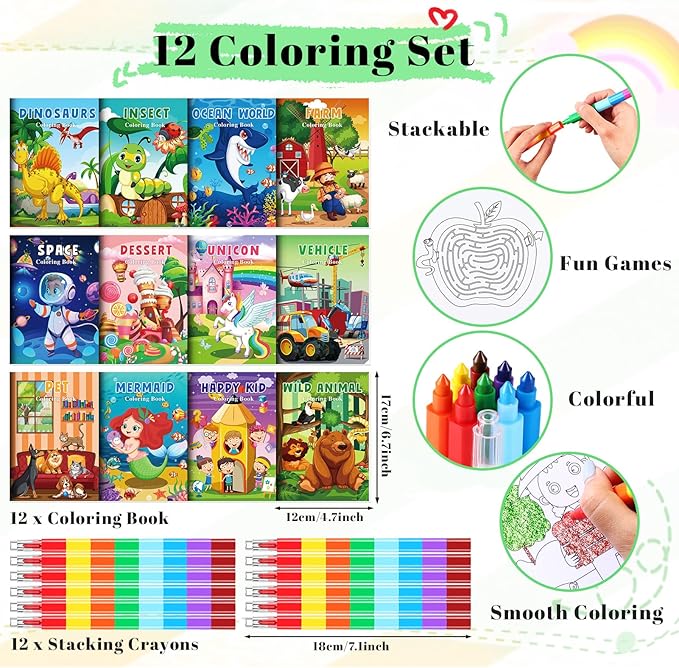 BenLouis Coloring Books for Kids With Stacking Crayons Set Mini Coloring Books Bulk for Ages 4-8-12 Small Activity Books for Birthday Party Gifts Goodie Bags Stuffers Travel（12+12Pcs Colorful）