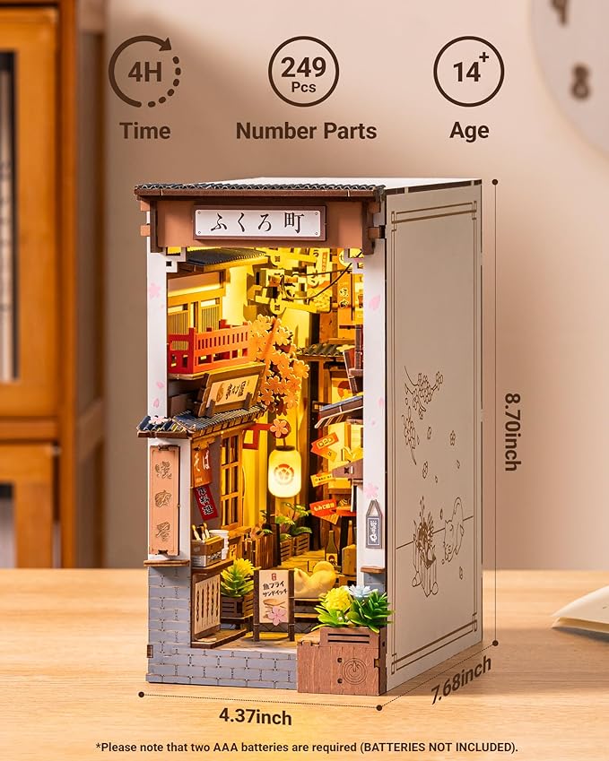 ROBOTIME Book Nook Kit DIY Miniature House Kit for Adults 3D Wooden Puzzle Bookends Bookshelf Diorama Insert Dollhouse Creative Decorative Unique Gifts for Teens and Beginners (Sakura Wine Alley)