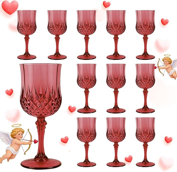 LEYIQU Plastic Wine Glasses, Plastic Goblets Vintage Style Cordial Drinking Glasses for Valentine’s Day, Wedding Reception, Grand Event Party Supplies (12, Scarlet Rose)