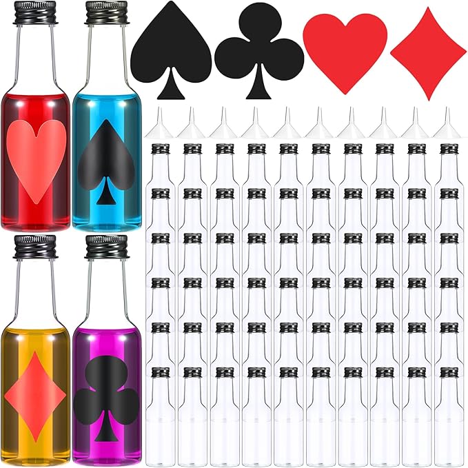 Romooa 60 Pack Casino Mini Liquor Bottles Set Poker Party Decor 1.6oz Las Vegas Shot Bottles with Caps, 10 Funnels, 60 Labels Casino Game Night Decoration Birthday Christmas Party Favor Gifts Supplies