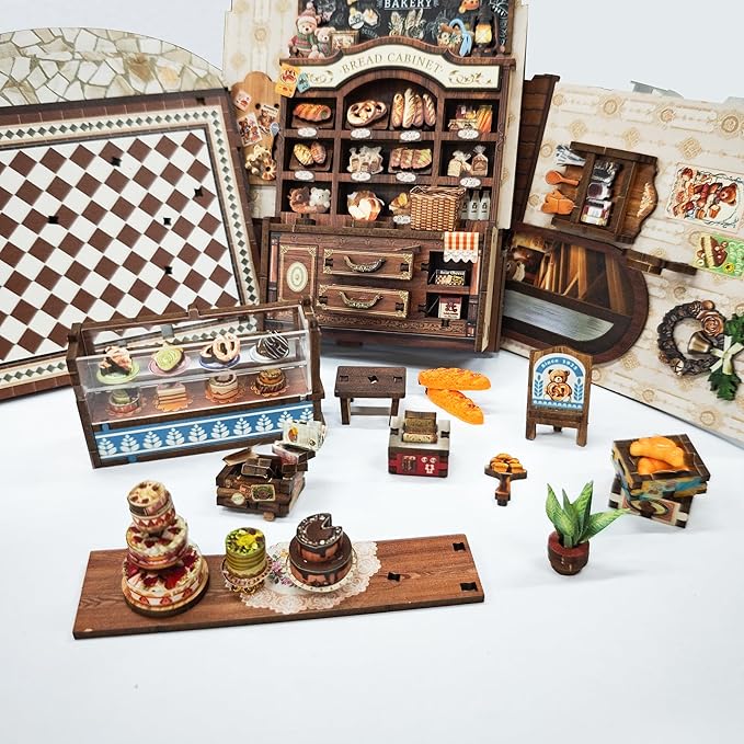CUTEROOM Book Nook Kit for Adults, 3D Wooden Puzzle DIY Miniature Dollhouse Booknook Kit, Tiny House Building Kit with LED Light for Bookshelf Insert Decor-Bear Bakery