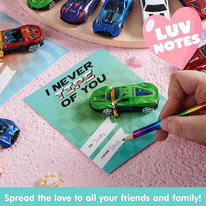 JOYIN 28 Valentines Day Gifts Cards with Die-Cast Racing Cars Vehicle for Kids School Classroom Exchange Party Favor Gift Supplies