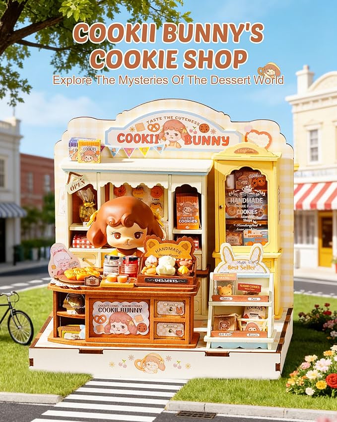 ROBOTIME DIY Miniature House Kit, Dollhouse Building Kit, Mini Wooden Furniture Kit for Adults, Birthday Christmas Craft Hobbies Gift（Cookii Bunny's Cookie Shop）