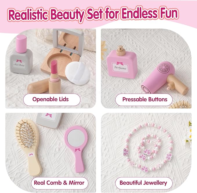 SMARTWO Wooden Makeup Toy Set for Toddler,Kids Pretend Play,Children Role Play Toys,Fake Cosmetics Salon Toys,Princess Dressup Accessories with Bag Birthday Gift for Girls 3 4 5 6