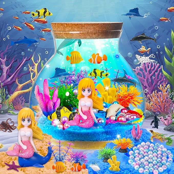 Pamonrueer Mermaid Terrarium Craft Kit with Ocean Animals Plastic Sea Animals Figurines DIY Diorama for Birthday