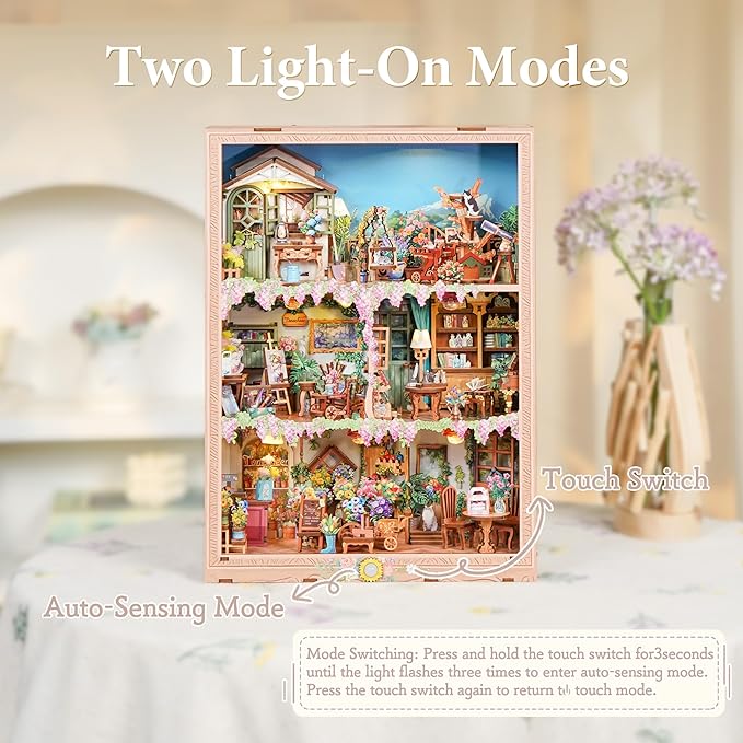 Tonecheer DIY Miniature House Kit, Book Nook Dollhouse Story Frame Kit Wooden 3D Puzzle, Wall Mountable Decor Diorama Model with Dust Cover and LED for Ideal Gift - Blossom Time