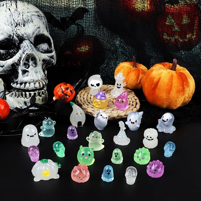 25 PCS Luminous Halloween Miniatures Figurines Halloween Resin Figures Glow in The Dark Miniature Skeleton Ghost Ornaments for Horror Party Favors Fillers Home Tabletop Decor