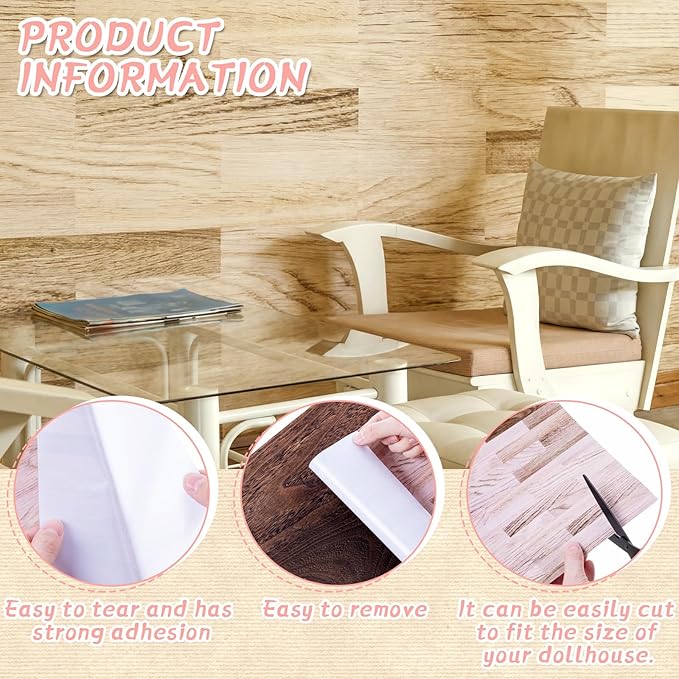 Flutesan 3 Pcs Miniature Dollhouse Wallpaper and Flooring Peel and Stick 1: 12 Scale Self Adhesive Wallpaper DIY Mini Dollhouse Accessories 8.27 x 11.69 Inch(Light Wood)