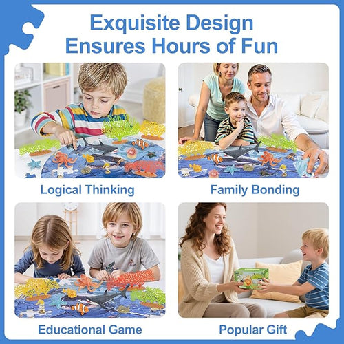 14PCS Realistic Ocean Sea Animals Coral Toys with 20" Floor Puzzles for Kids, Kids Ocean Animals Toys Including Shark,Octopus,Starfish,Sea Turtle for Toddler Boys Girls, Birthday Gifts