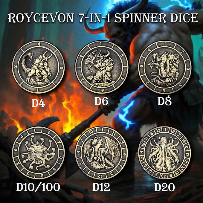 7 in 1 Unique Spinner DND Dice Set D&D, Metal Cube D and D Dice with Gift Box, Dungeons Dragons Role Playing Dice, Black Bronze