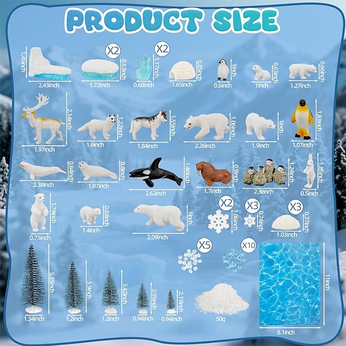 Warmtree 46 Pcs Arctic Animals Figurines Set Includes 22 Polar Bear Penguin Animals Figurines 6 Mini Pine Trees 18 Artificial Lceberg Fake Snow Ripple Water Sticker Ocean Habitat Diorama Supplies