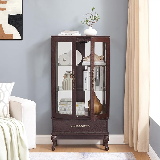 51" H Lighted Curio Display Cabinet with 2 Doors & 1 Drawer, Wooden Glass Curio Showcase w/Adjustable Shelves & Mirrored Back Panel, Storage Cabinet Display Case for Living Room(Dark Cherry)