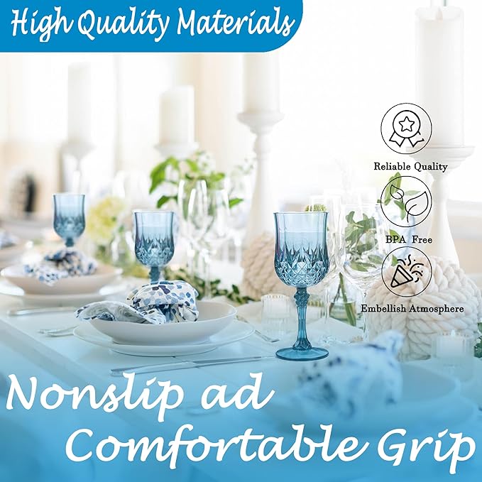 LEYIQU Plastic Wine Glasses, Plastic Goblets Vintage Style Cordial Drinking Glasses for Valentine’s Day, Wedding Reception, Grand Event Party Supplies (48, Dusty Blue)