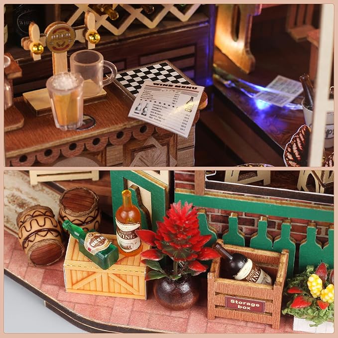 Miniature House Kit, DIY Miniature Dollhouse Kit, Mini House Building Kits with LED, Unique Gift for Birthday Christmas Day, Beer Bar
