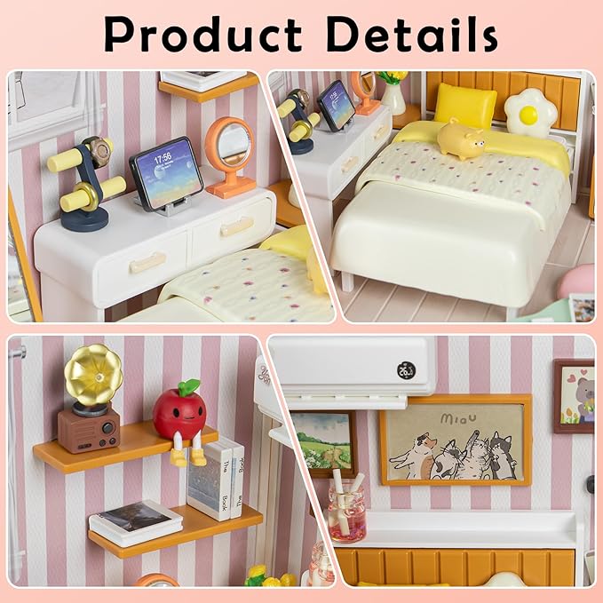 DIY Miniature House Kit Gift for Teens, Mini Dollhouse with Roof & Dust Covers, Light, Furniture, Creative Crafts for Adults for Mini Figures & Christmas Decor Gift Idea