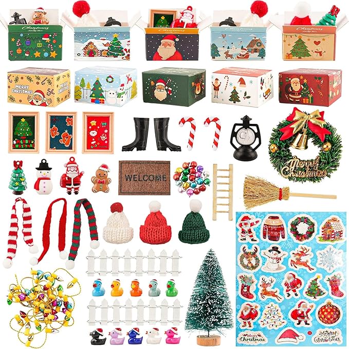 67Pcs Dollhouse Accessories Christmas Miniature Decorations 1:12 Doll House DIY Craft Mini Snowman Gift Boxes Fake Light Festival Holiday Party Favors Christm Gift for Children