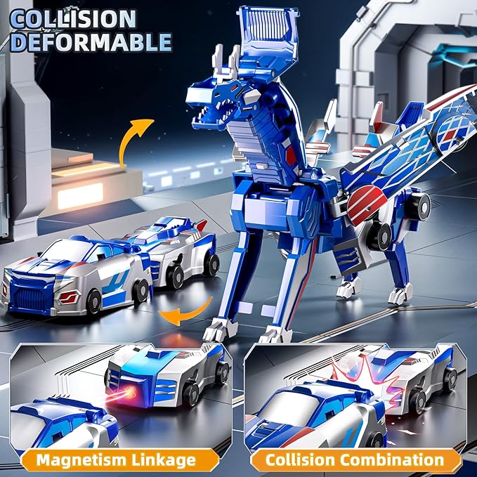 Collision Transforming Dinosaur Car Toy, 2 in 1 Magnet Cars Transform into Dinosaur Toys, Fun Robot Dinosaur Toy Cars Birthday Gift for Kids Boys Girls Age 4-6 6-12 Year Old