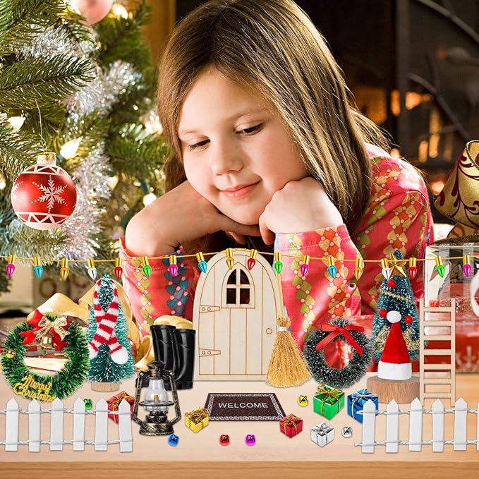 38Pcs Doll House Christmas Decoration, Miniature Christmas Dollhouse Accessories Fake Light Door Mini Xmas Tree 1:12 Miniature Scene Model Pretend Toys DIY Festival Holiday Party Favors