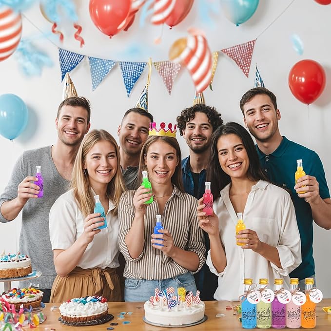 OurWarm 50 Pack Happy Birthday Mini Liquor Bottles, 1.7oz/50ml Empty Plastic Shot Bottles with Gold Screw Caps Funnels Tags & Twines for Juice Wine Alcohol Juicing Ginger Shots Birthday Party Favors