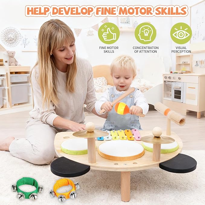Kids Drum Set, Montessori Musical Instruments for Toddlers 1-3, Wooden Baby Musical Toys, Musical Activity Table Preschool Learning Xylophone Drum Kit, Christmas Birthday Gift for Boys Girls Ages 1-3