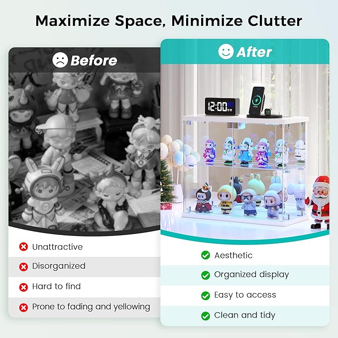 2pcs LED Clear Glass Display Case - for Figures & Collectibles, Small 2-Tier Display Cabinet with Charging Station, Display Box with Lights & Human Sensor, for Model Car, Perfume, White