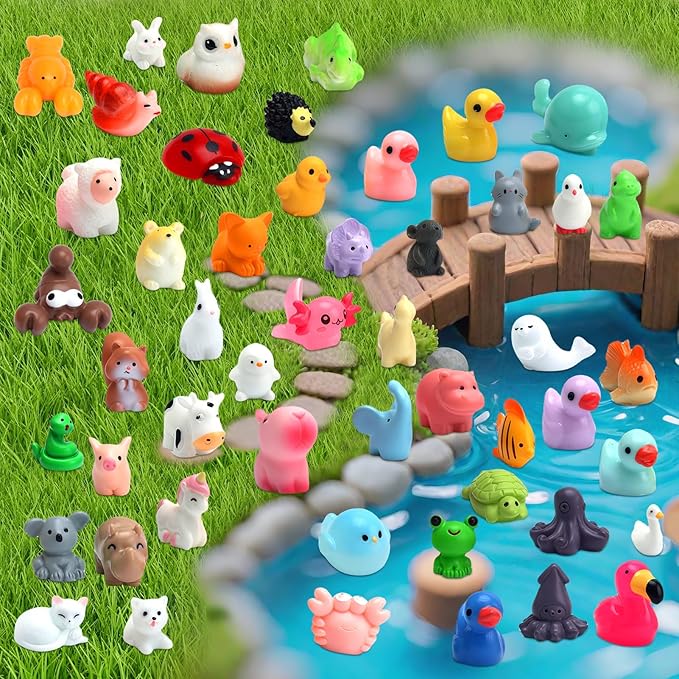 50Pcs Mini Resin Animals 50 Styles Little Animal Figures to Hide Tiny Resin Animals Variety Pack Small Miniature Animal Accessories for Micro Fairy Garden Landscape Dollhouse Crafts Decor