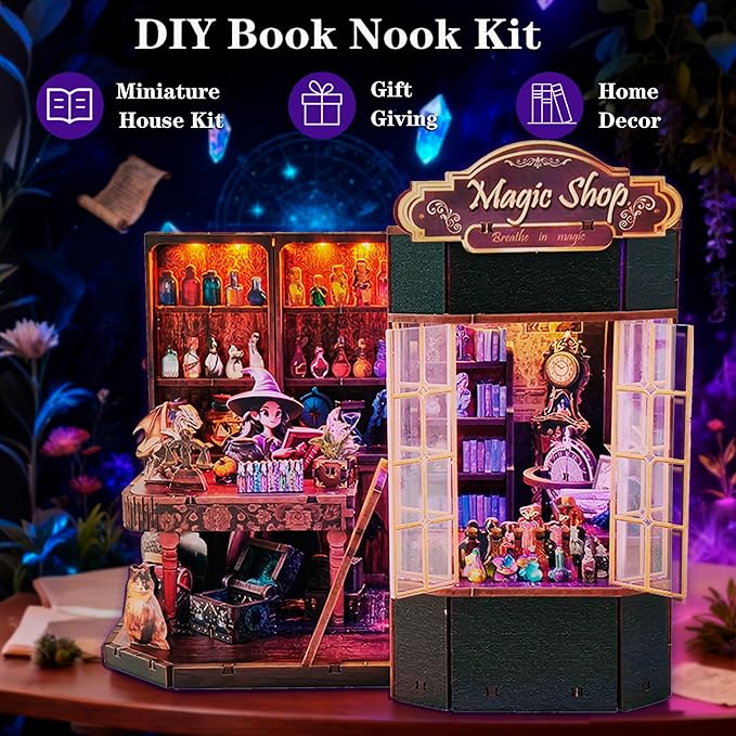Book Nook Kit - DIY Miniature House Dollhouse Kit for Adult and Teens, Tiny House Bookshelf Decor 3D Wooden Puzzle with LED Lighting, Gifts for Family, Friends (Magic Shop)