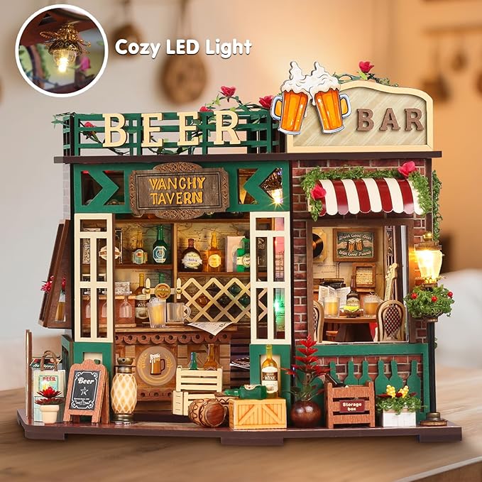 TuKIIE DIY Miniature House Kit with Furniture, 1:24 Scale Creative Room Mini Wooden Christmas Dollhouse Book Nook for Kids Teens Adults(Beer Bar)
