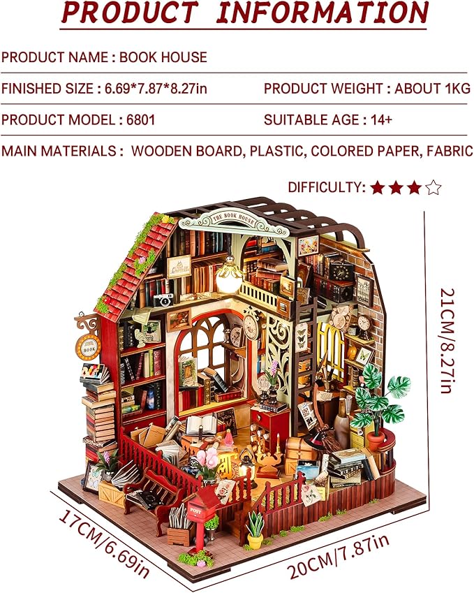Spilay DIY Miniature Dollhouse Wooden Furniture Kit,Mini Handmade Mini Model with Dust Cover & Music Box,1:24 Scale Creative Woodcrafts for Adult Friend Lover Birthday Gift-Book House