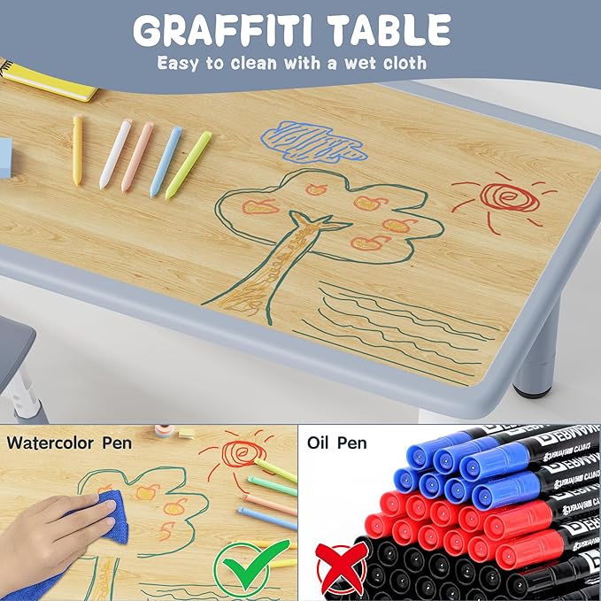 Brelley Kids Table and 6 Chairs Set, Height Adjustable Toddler Desk and Chair Set, Graffiti Desktop, Classroom/Daycare/Home, Children Multi-Activity Table for Ages 2-8