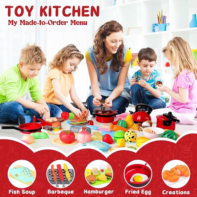 134 Pcs Toy Kitchen Accessories, Toddler Pretend Cooking Toys with BBQ Grill, Pressure Cooker, Kettle, Pots, Pans, Kitchen Playset for Cutting Play Food, Learning Gift for Girls Boys