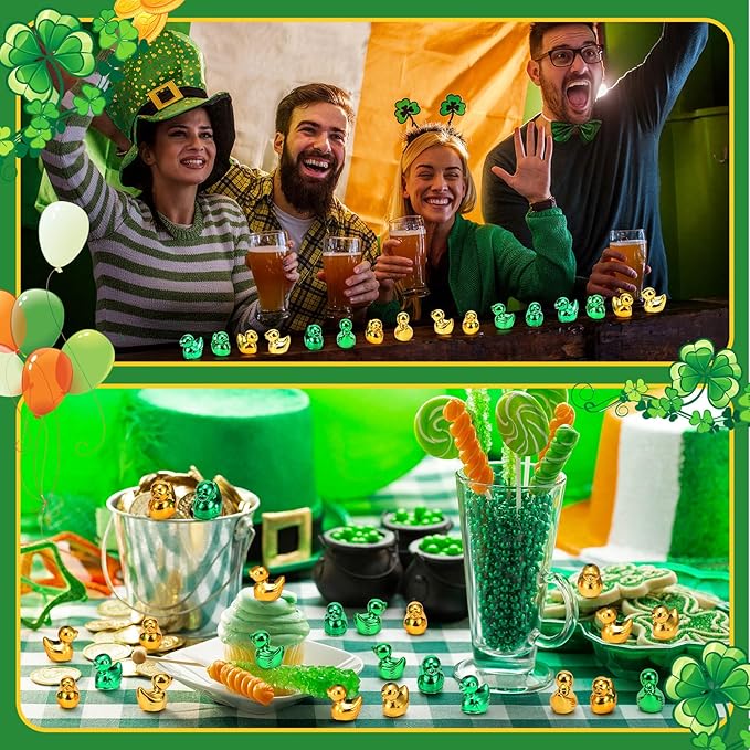100 Pcs Shiny St. Patrick's Day Mini Duck Figures Colorful Irish Festival Duck Decor Micro Landscape Aquarium Garden Hide and Seek Decoration Charm for Party Gift(Green Gold)