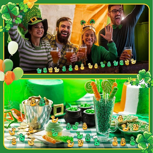 100 Pcs Shiny St. Patrick's Day Mini Duck Figures Colorful Irish Festival Duck Decor Micro Landscape Aquarium Garden Hide and Seek Decoration Charm for Party Gift(Green Gold)