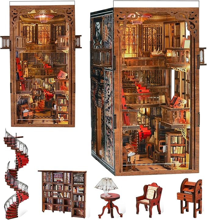 Book Nook Kit, DIY Miniature House Dollhouse Kit for Adults and Teens, Booknook Tiny House Bookshelf Decor with LED Light and Dust Cover (Abbey Library)