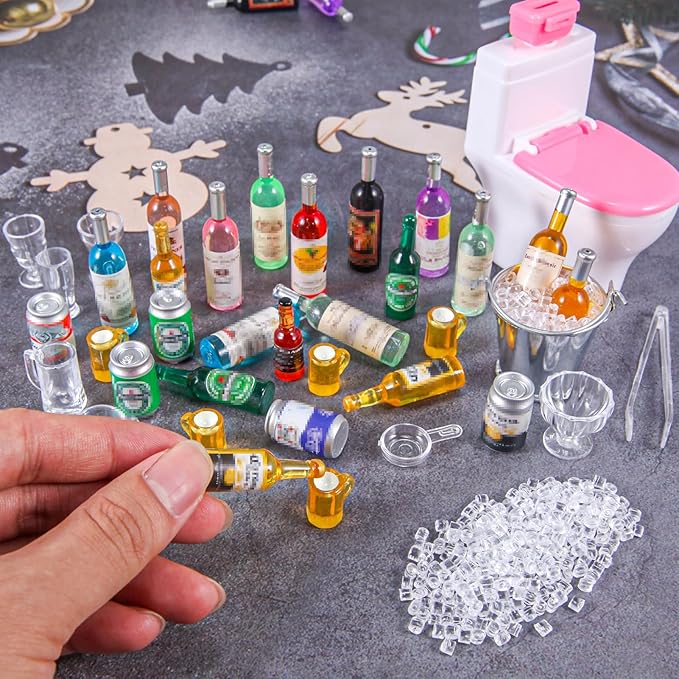 71 Pcs Miniature Ice Cubes Beer Bottles and Mini Drink Soda Pop Cans House Accessories for Fairy Garden Pub Bar Cake Decoration 1/12 Doll House Barrel Pretend Play DIY Party Toys Red Wine