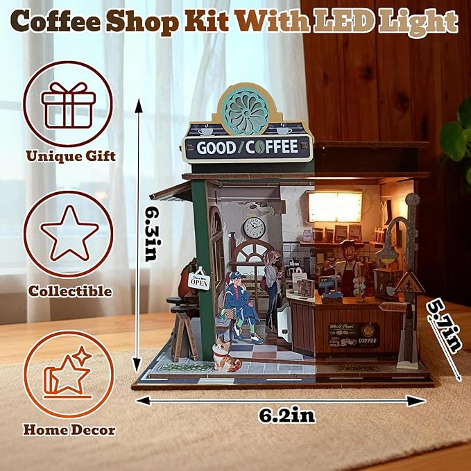 3D Wooden Puzzles Book Nook Kits for Adults Miniature House Building Kits, DIY Tiny Wooden Crafts Model Bookshelf Decor with LED Lights, Gifts for Family, Friends, Christmas(Coffee Shop)