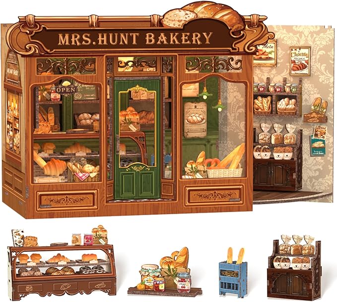 Cutefun Book Nook Kit - DIY Miniature Bread Shop Booknook Kits for Adults and Teens, 3D Wooden Puzzle Bookend Bookshelf with LED Light, Gifts for Family and Friends (Mrs.Hunt Bakery)