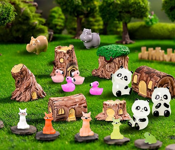 37 Pcs Mini Resin Animal Figurines for Dollhouse Fairy Garden Accessories Micro Landscape Decor Mystery Blind Bag with Tiger Elephant Owl Giraffe Panda Flamingo Fox Monkey Hippo