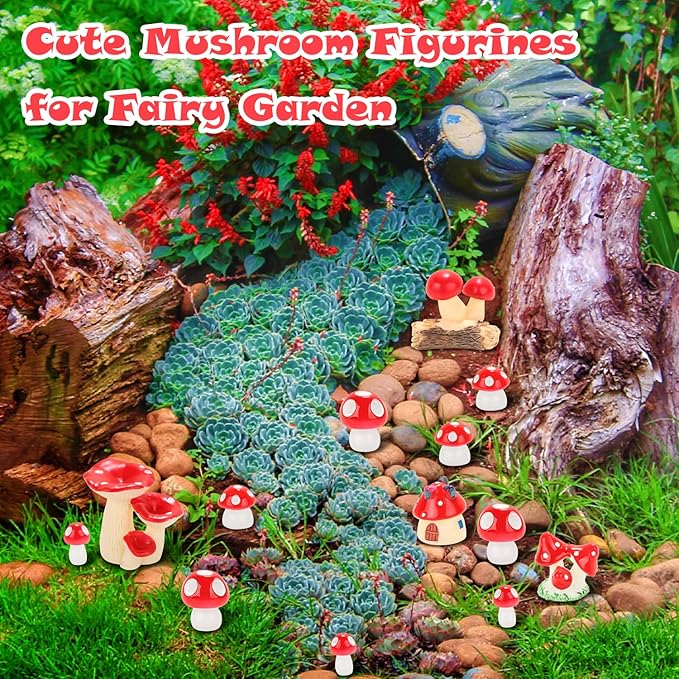 65 Pieces Mini Mushrooms Figurines Red Tiny Resin Mushroom Decor for Fairy Graden Craft Fake Mushrooms Moss Landscape DIY Terrarium Cake Topper Party Decoration Home Decor