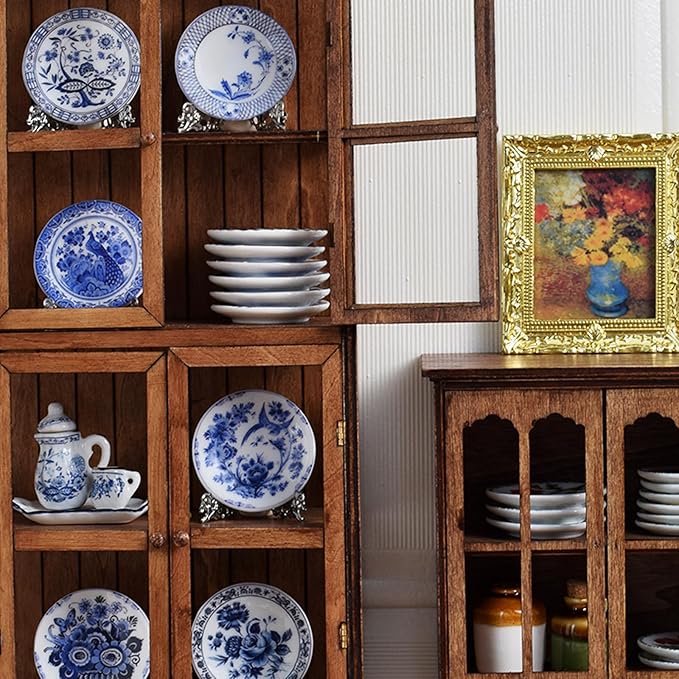 6PCS Handcrafted Miniature Ceramic Plates in 1:12 or 1:6 Scale, Vintage Porcelain Playhouse Dishes (Blue-White A, 4CM)