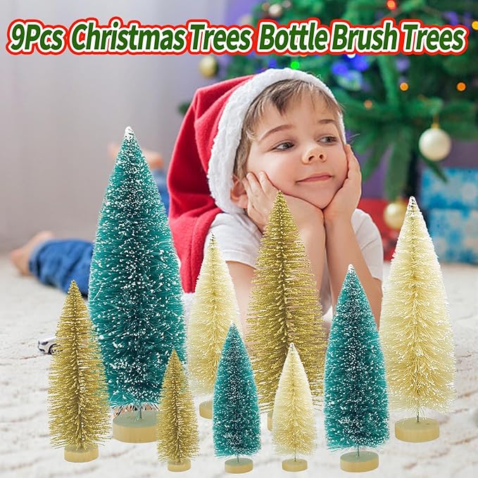 Yahpetes Christmas Trees 9 Pcs Artificial Bottle Brush Tabletop Trees Christmas Table Decorations for Xmas Holiday Party Decor (Blue-Green,Gold,Beige 9Pcs)