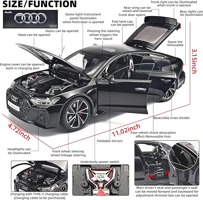 Model Car Kits for Adult 1/18 Diecast Cars Compatible with Audi RS7 Sportback Car Collection,Remote Control Key Version Metal Toy Cars with Lights and Sounds,Toy Cars for Boys Age 4-7（Black）