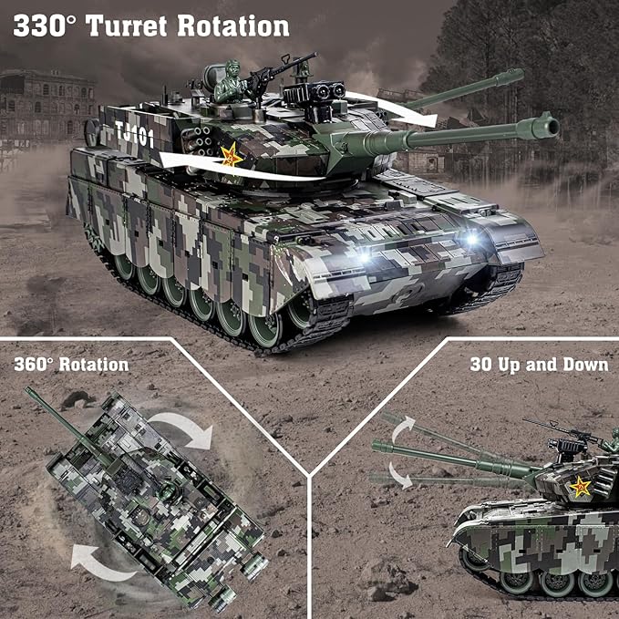 1:18 RC Tank, 2.4Ghz Chinese 99 Main Remote Control Battle Tank, 15 Channel RC Vehicle Army Toy with Smoke, Light and Sound, Military Truck for Adults and Kids