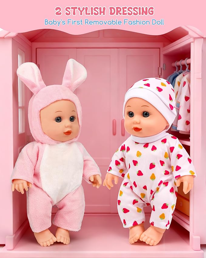 PLAYFULBAY Baby Doll Stroller Set, 28-Piece Playset with High Chair, 2 Doll Outfits & Accessories, Imaginative Role-Play Gift for Toddlers 1-5